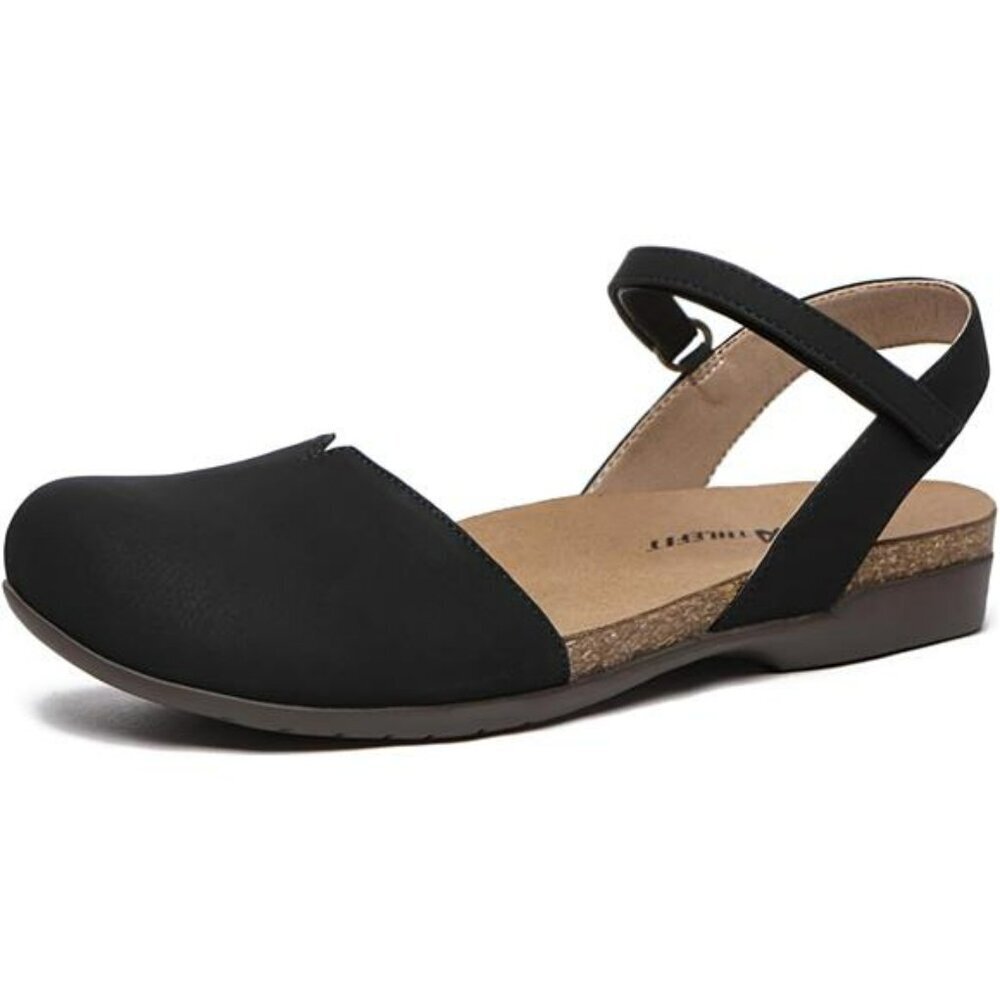 Womens Closed Toe Sandals Flat Cork Footbed Arch Support Ankle Strap Shoes